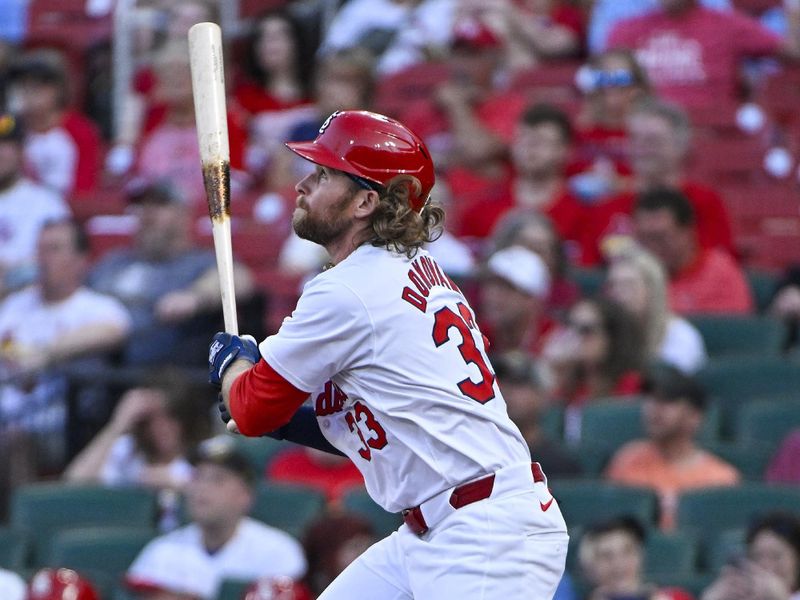 May 7, 2024; St. Louis, Missouri, USA;  St. Louis Cardinals left fielder Brendan Donovan (33) hits a solo home run against the New York Mets during the first inning at Busch Stadium. Mandatory Credit: Jeff Curry-USA TODAY Sports