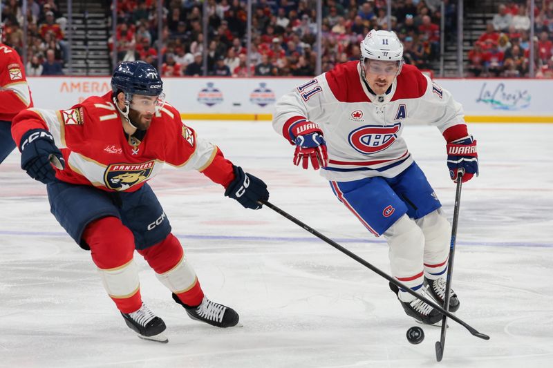 Dec 30, 2025; Sunrise, Florida, USA; Montreal Canadiens right wing Brendan Gallagher (11) moves the puck against d71 during the first period at Amerant Bank Arena. Mandatory Credit: Sam Navarro-Imagn Images