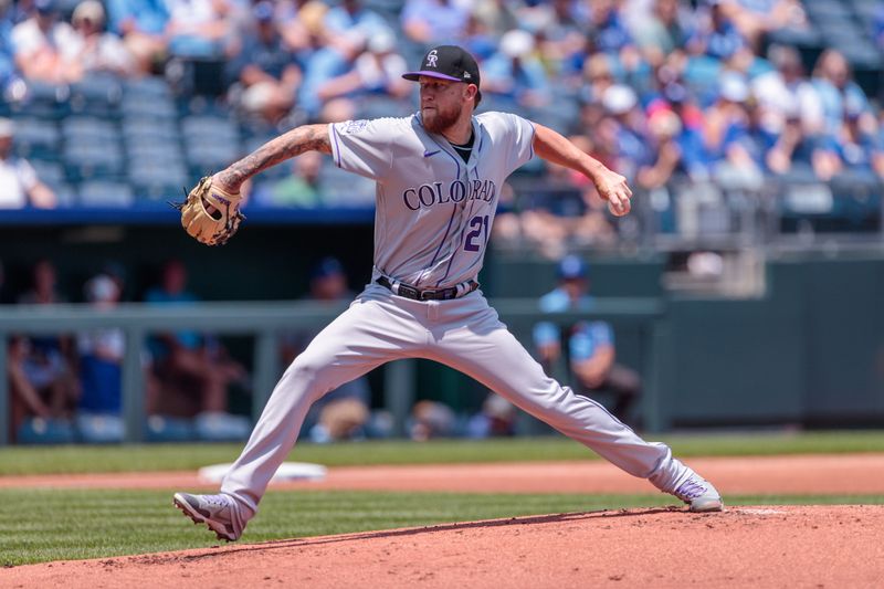 Jun 4, 2023; Kansas City, Missouri, USA; Colorado Rockies assistant hitting coach Andy Gonzalez (21) pitches during the first inning against the Kansas City Royals at Kauffman Stadium. Mandatory Credit: William Purnell-USA TODAY Sports