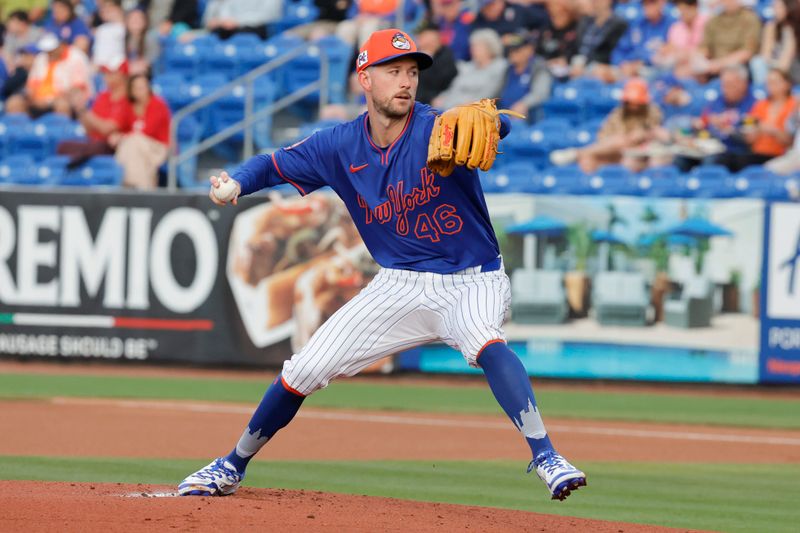 Mar 10, 2025; Port St. Lucie, Florida, USA;  New York Mets pitcher Griffin Canning (46) throws a pitch first inning against the St. Louis Cardinals at Clover Park. Mandatory Credit: Reinhold Matay-Imagn Images