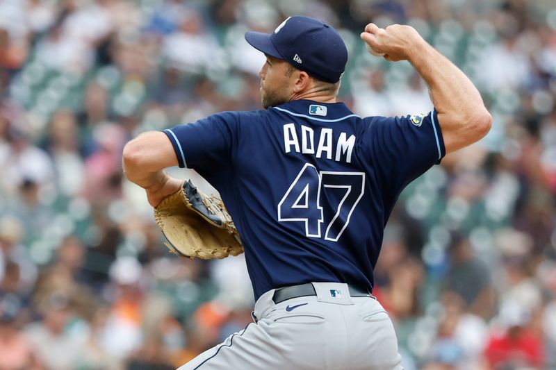 Aug 6, 2023; Detroit, Michigan, USA;  Tampa Bay Rays relief pitcher Jason Adam (47) pitches in the seventh inning against the Detroit Tigers at Comerica Park. Mandatory Credit: Rick Osentoski-USA TODAY Sports