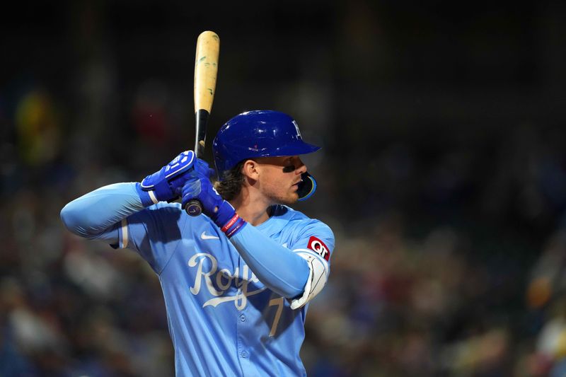 Mar 5, 2024; Surprise, Arizona, USA; Kansas City Royals shortstop Bobby Witt Jr. (7) bats against the Chicago Cubs during the third inning at Surprise Stadium. Mandatory Credit: Joe Camporeale-USA TODAY Sports