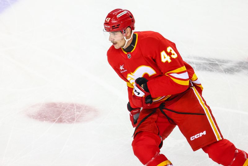 Nov 11, 2024; Calgary, Alberta, CAN; Calgary Flames right wing Adam Klapka (43) skates during the warmup period against the Los Angeles Kings at Scotiabank Saddledome. Mandatory Credit: Sergei Belski-Imagn Images