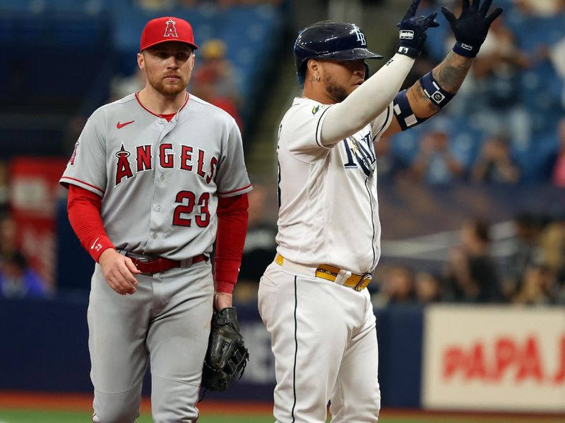 Sep 21, 2023; St. Petersburg, Florida, USA; Tampa Bay Rays designated hitter Harold Ramirez (43) reacts after hitting a single during the ninth inning against the Los Angeles Angels at Tropicana Field. Mandatory Credit: Kim Klement Neitzel-USA TODAY Sports