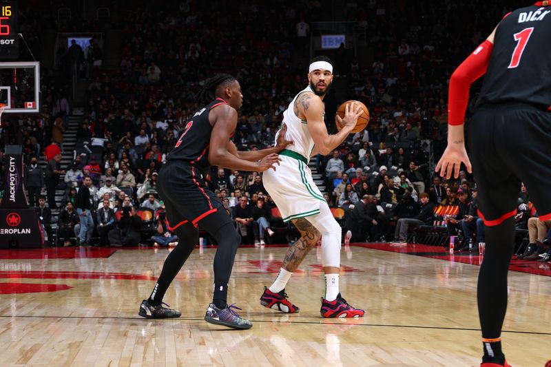 TORONTO, CANADA - FEBRUARY 25: Jayson Tatum #0 of the Boston Celtics handles the ball during the game against the Toronto Raptors on February 25, 2025 at the Scotiabank Arena in Toronto, Ontario, Canada.  NOTE TO USER: User expressly acknowledges and agrees that, by downloading and or using this Photograph, user is consenting to the terms and conditions of the Getty Images License Agreement.  Mandatory Copyright Notice: Copyright 2025 NBAE (Photo by Vaughn Ridley/NBAE via Getty Images)