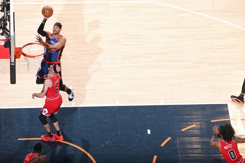 NEW YORK, NY - APRIL 14:  Josh Hart #3 of the New York Knicks shoots the ball during the game against the Chicago Bulls on April 14, 2024 at Madison Square Garden in New York City, New York.  NOTE TO USER: User expressly acknowledges and agrees that, by downloading and or using this photograph, User is consenting to the terms and conditions of the Getty Images License Agreement. Mandatory Copyright Notice: Copyright 2024 NBAE  (Photo by Nathaniel S. Butler/NBAE via Getty Images)