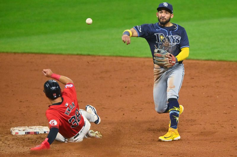 Sep 12, 2024; Cleveland, Ohio, USA; Tampa Bay Rays shortstop Jose Caballero (7) throws to first base beside Cleveland Guardians left fielder Steven Kwan (38) in the fifth inning at Progressive Field. Mandatory Credit: David Richard-Imagn Images