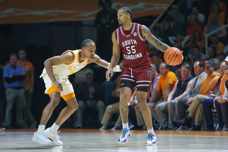 Jan 30, 2024; Knoxville, Tennessee, USA; South Carolina Gamecocks guard Ta'Lon Cooper (55) moves the ball against Tennessee Volunteers guard Jordan Gainey (2) during the second half at Thompson-Boling Arena at Food City Center. Mandatory Credit: Randy Sartin-USA TODAY Sports