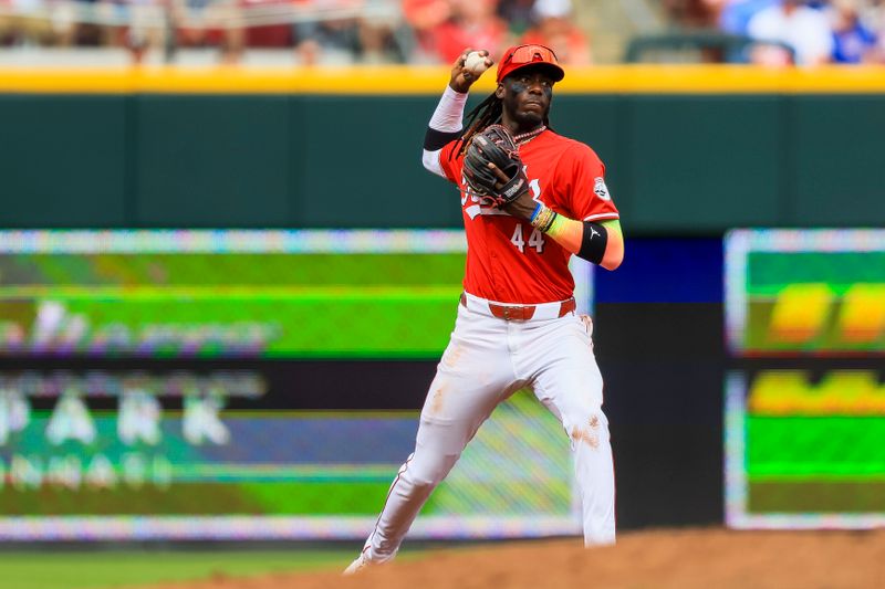 Jun 8, 2024; Cincinnati, Ohio, USA; Cincinnati Reds shortstop Elly De La Cruz (44) throws to first to get Chicago Cubs designated hitter Christopher Morel (not pictured) out in the sixth inning at Great American Ball Park. Mandatory Credit: Katie Stratman-USA TODAY Sports