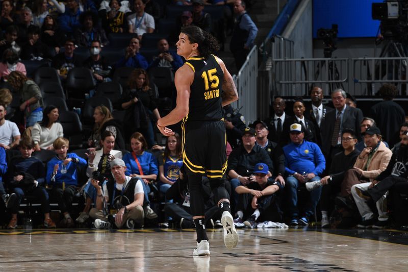 SAN FRANCISCO, CA - MARCH 6:  Gui Santos #15 of the Golden State Warriors looks on during the game against the Milwaukee Bucks on MARCH 6, 2024 at Chase Center in San Francisco, California. NOTE TO USER: User expressly acknowledges and agrees that, by downloading and or using this photograph, user is consenting to the terms and conditions of Getty Images License Agreement. Mandatory Copyright Notice: Copyright 2024 NBAE (Photo by Noah Graham/NBAE via Getty Images)