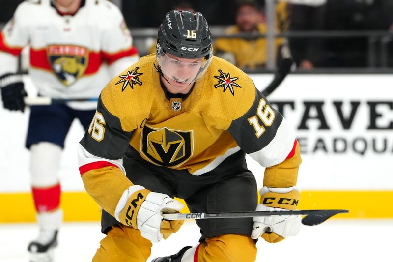 Jan 4, 2024; Las Vegas, Nevada, USA; Vegas Golden Knights left wing Pavel Dorofeyev (16) skates against the Florida Panthers during the second period at T-Mobile Arena. Mandatory Credit: Stephen R. Sylvanie-USA TODAY Sports