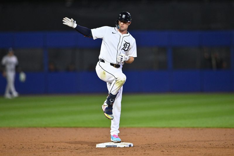 Aug 18, 2024; Williamsport, Pennsylvania, USA; Detroit Tigers infielder Colt Keith (33) reacts after hitting a double against the New York Yankees in the ninth inning at BB&T Ballpark at Historic Bowman Field. Mandatory Credit: Kyle Ross-USA TODAY Sports