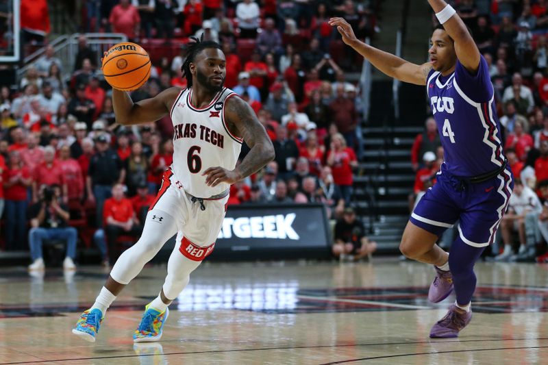 Feb 20, 2024; Lubbock, Texas, USA; Texas Tech Red Raiders guard Joe Toussaint (6) drives the ball against  TCU Horned Frogs guard Jameer Nelson Jr (4) in the first half at United Supermarkets Arena. Mandatory Credit: Michael C. Johnson-USA TODAY Sports