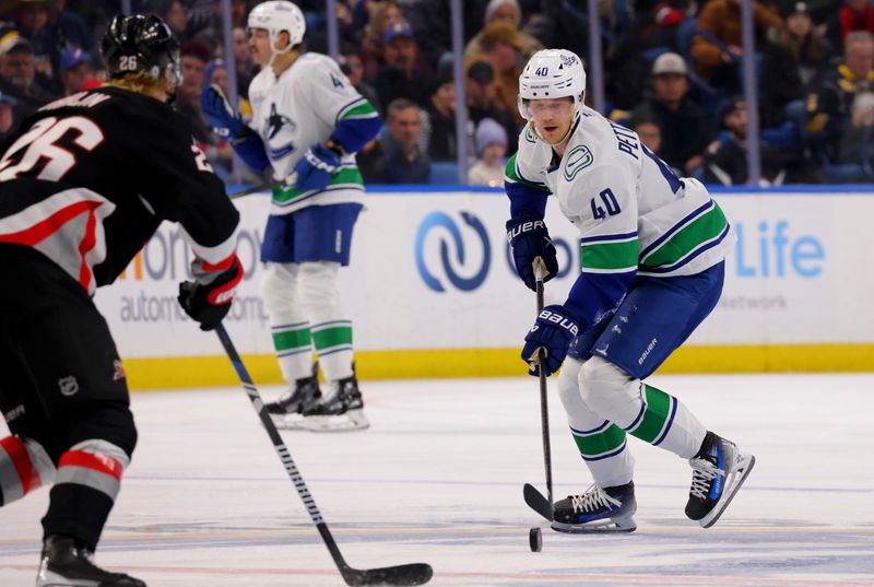 Nov 29, 2024; Buffalo, New York, USA;  Vancouver Canucks center Elias Pettersson (40) skates with the puck during the third period against the Buffalo Sabres at KeyBank Center. Mandatory Credit: Timothy T. Ludwig-Imagn Images