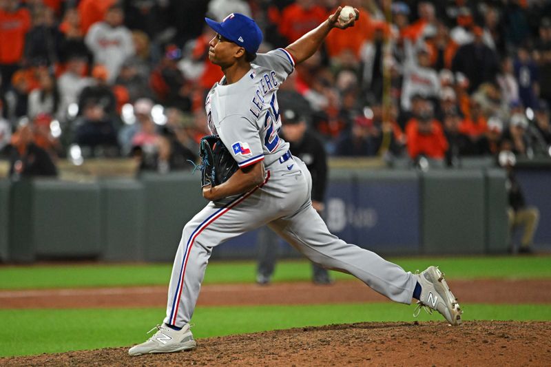 Oct 8, 2023; Baltimore, Maryland, USA; Texas Rangers relief pitcher Jose Leclerc (25) pitches during the ninth inning against the Baltimore Orioles during game two of the ALDS for the 2023 MLB playoffs at Oriole Park at Camden Yards. Mandatory Credit: Tommy Gilligan-USA TODAY Sports