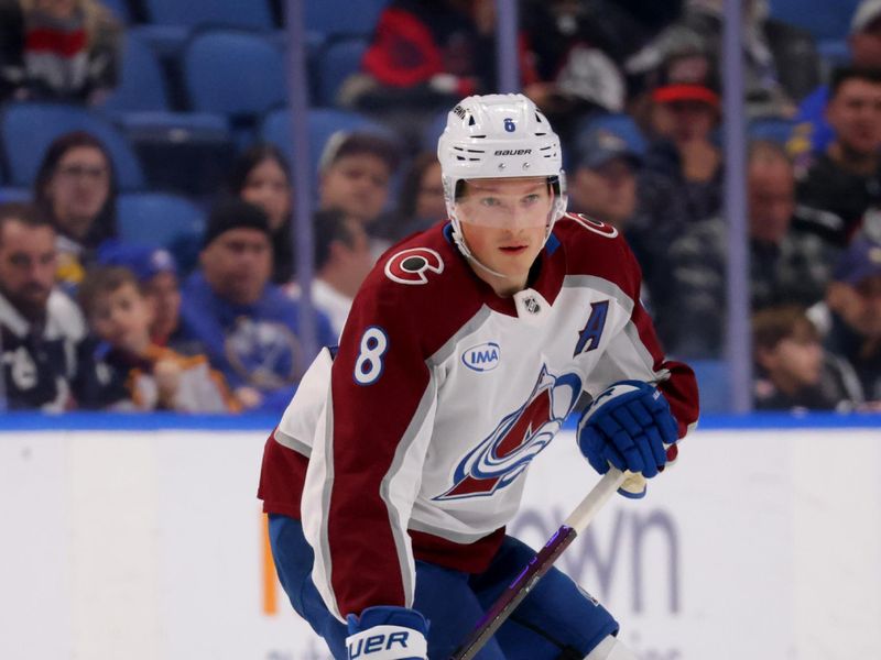 Dec 3, 2024; Buffalo, New York, USA;  Colorado Avalanche defenseman Cale Makar (8) looks for the puck during the first period against the Buffalo Sabres at KeyBank Center. Mandatory Credit: Timothy T. Ludwig-Imagn Images