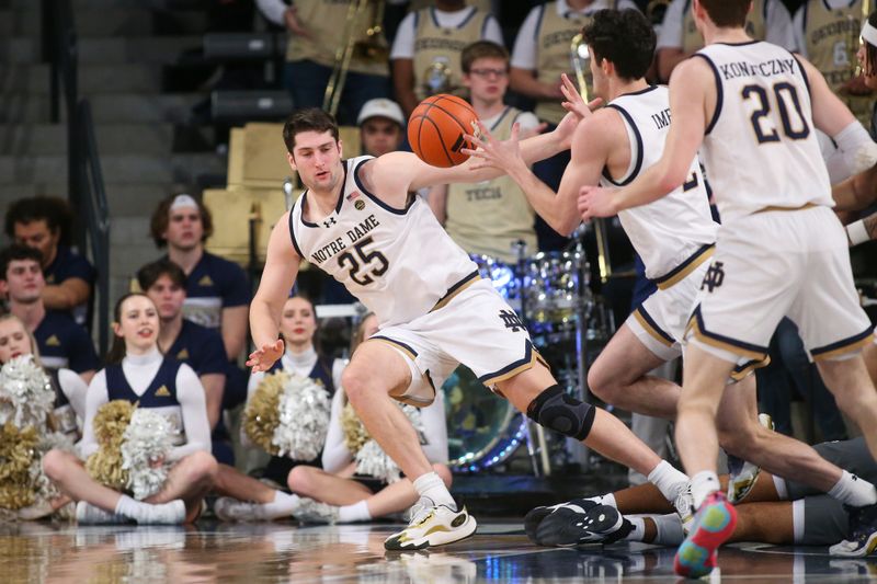 Jan 9, 2024; Atlanta, Georgia, USA; Notre Dame Fighting Irish forward Matt Zona (25) saves a ball from out of bounds against the Georgia Tech Yellow Jackets in the first half at McCamish Pavilion. Mandatory Credit: Brett Davis-USA TODAY Sports