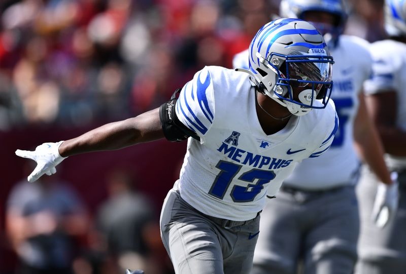 Oct 2, 2021; Philadelphia, Pennsylvania, USA; Memphis Tigers wide receiver Javon Ivory (13) reacts after scoring a touchdown in the first half against the Temple Owls at Lincoln Financial Field. Mandatory Credit: Kyle Ross-USA TODAY Sports