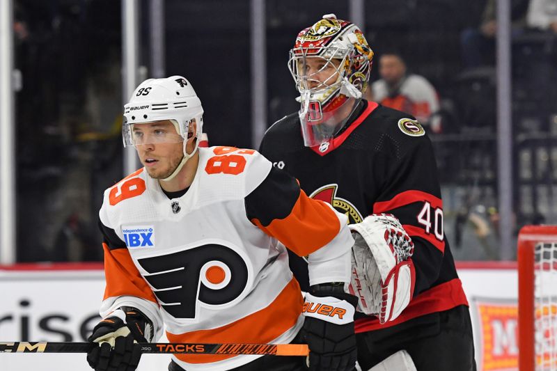 Mar 2, 2024; Philadelphia, Pennsylvania, USA; Philadelphia Flyers right wing Cam Atkinson (89) in front of Ottawa Senators goaltender Mads Sogaard (40) during the first period at Wells Fargo Center. Mandatory Credit: Eric Hartline-USA TODAY Sports