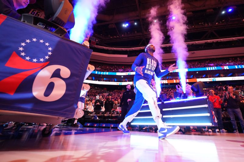 PHILADELPHIA, PA - FEBRUARY 25: Buddy Hield #17 of the Philadelphia 76ers is introduced before the game against the Milwaukee Bucks on February 25, 2024 at the Wells Fargo Center in Philadelphia, Pennsylvania NOTE TO USER: User expressly acknowledges and agrees that, by downloading and/or using this Photograph, user is consenting to the terms and conditions of the Getty Images License Agreement. Mandatory Copyright Notice: Copyright 2024 NBAE (Photo by Jesse D. Garrabrant/NBAE via Getty Images)