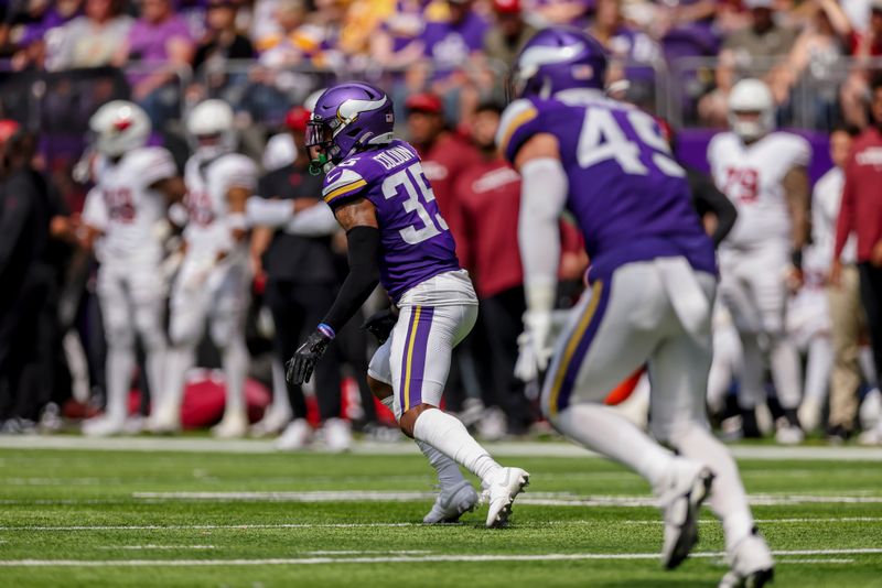 Minnesota Vikings cornerback C.J. Coldon Jr. (35) in action against the Arizona Cardinals during the first half of an NFL preseason football game Saturday, Aug. 26, 2023 in Minneapolis. (AP Photo/Stacy Bengs)