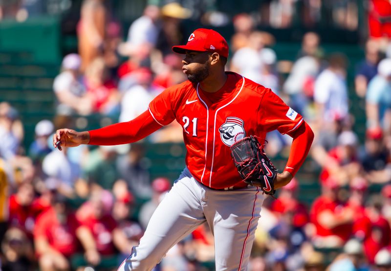 Mar 19, 2024; Tempe, Arizona, USA; Cincinnati Reds pitcher Hunter Greene against the Los Angeles Angels during a spring training game at Tempe Diablo Stadium. Mandatory Credit: Mark J. Rebilas-USA TODAY Sports