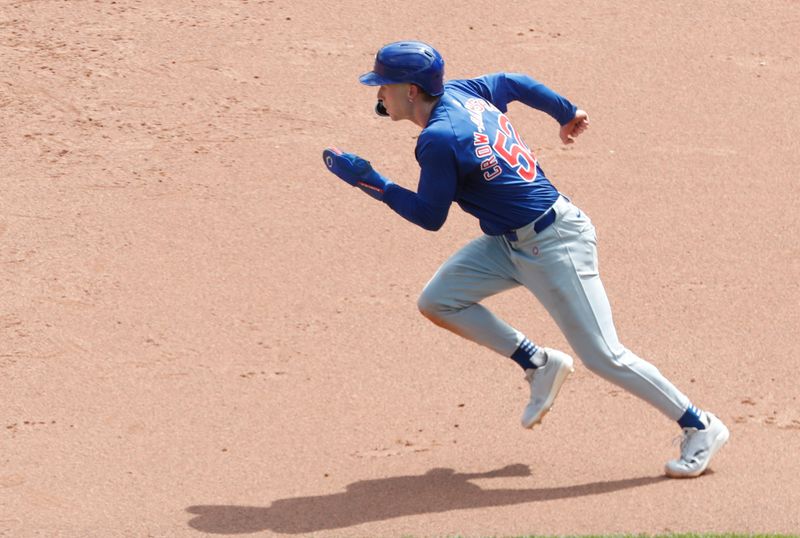 Aug 28, 2024; Pittsburgh, Pennsylvania, USA;  Chicago Cubs center fielder Pete Crow-Armstrong (52) runs the bases against the Pittsburgh Pirates during the fifth inning at PNC Park. Mandatory Credit: Charles LeClaire-USA TODAY Sports