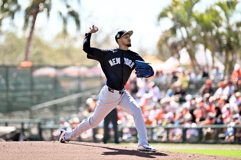 Feb 20, 2026; Sarasota, Florida, USA; New York Yankees starting pitcher Elmer Rodriguez (76) throws a pitch in the first inning against the Baltimore Orioles during spring training at Ed Smith Stadium. Mandatory Credit: Jonathan Dyer-Imagn Images