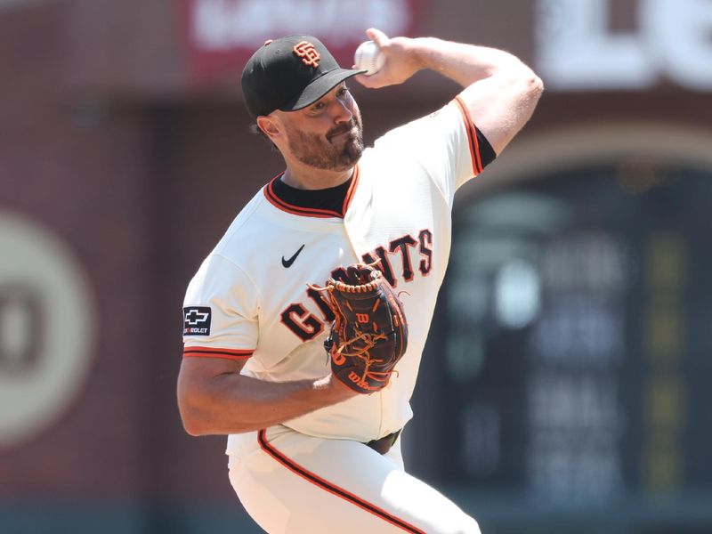 Jun 5, 2025; San Francisco, California, USA; San Francisco Giants starting pitcher Robbie Ray (38) pitches the ball against the San Diego Padres during the first inning at Oracle Park. Mandatory Credit: Kelley L Cox-Imagn Images
