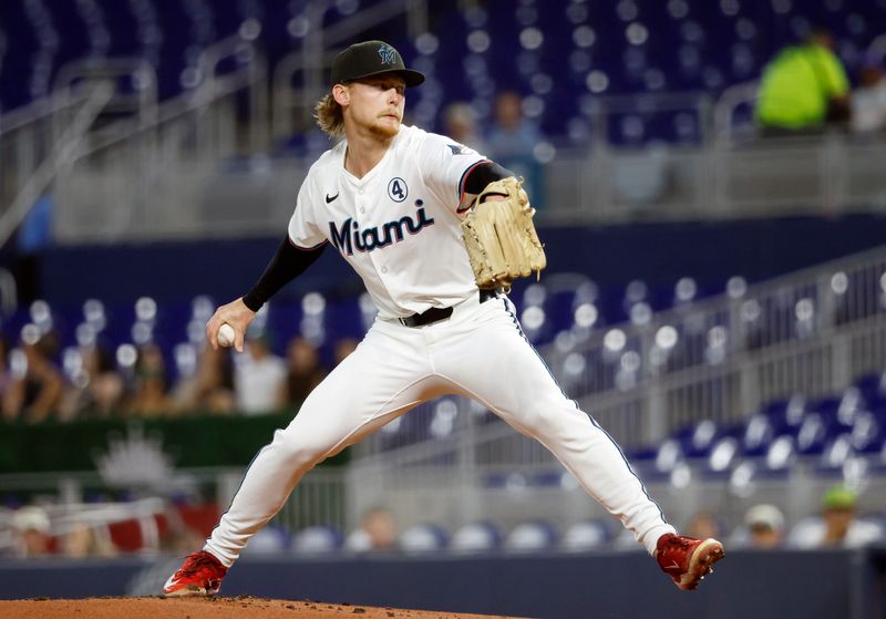 Jun 2, 2025; Miami, Florida, USA;  Miami Marlins starting pitcher Max Meyer (23) pitches against the Colorado Rockies during the first inning at loanDepot Park. Mandatory Credit: Rhona Wise-Imagn Images
