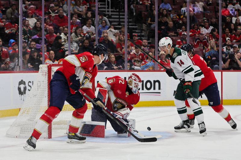 Oct 22, 2024; Sunrise, Florida, USA; Florida Panthers goaltender Sergei Bobrovsky (72) gets scored on by Minnesota Wild center Marcus Johansson (not pictured) during the first period at Amerant Bank Arena. Mandatory Credit: Sam Navarro-Imagn Images