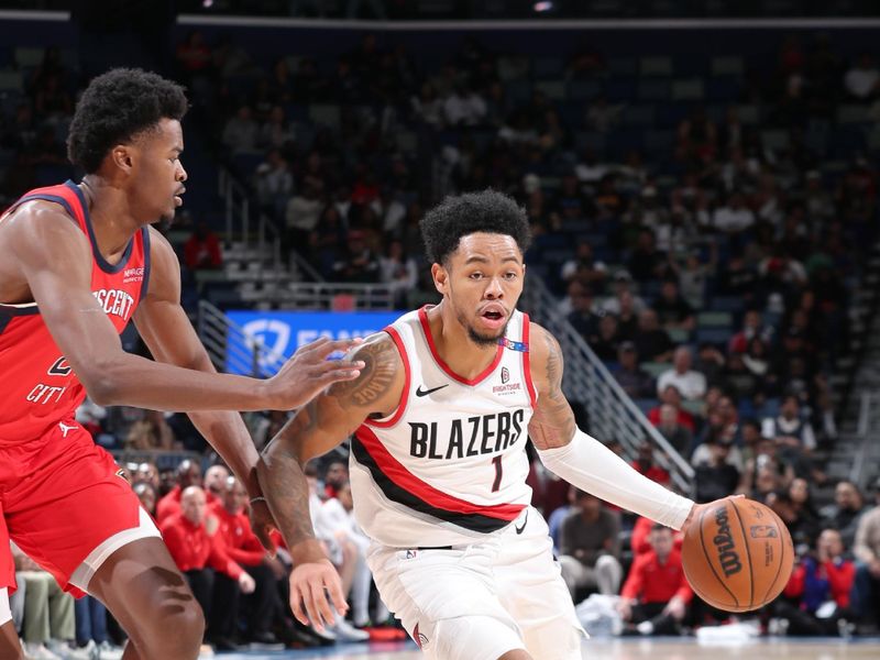 CHICAGO, IL - NOVEMBER 4: Anfernee Simons #1 of the Portland Trail Blazers drives to the basket during the game against the New Orleans Pelicans on November 4, 2024 at Smoothie King Center in New Orleans, Louisiana. NOTE TO USER: User expressly acknowledges and agrees that, by downloading and or using this photograph, User is consenting to the terms and conditions of the Getty Images License Agreement. Mandatory Copyright Notice: Copyright 2024 NBAE (Photo by Jeff Haynes/NBAE via Getty Images)