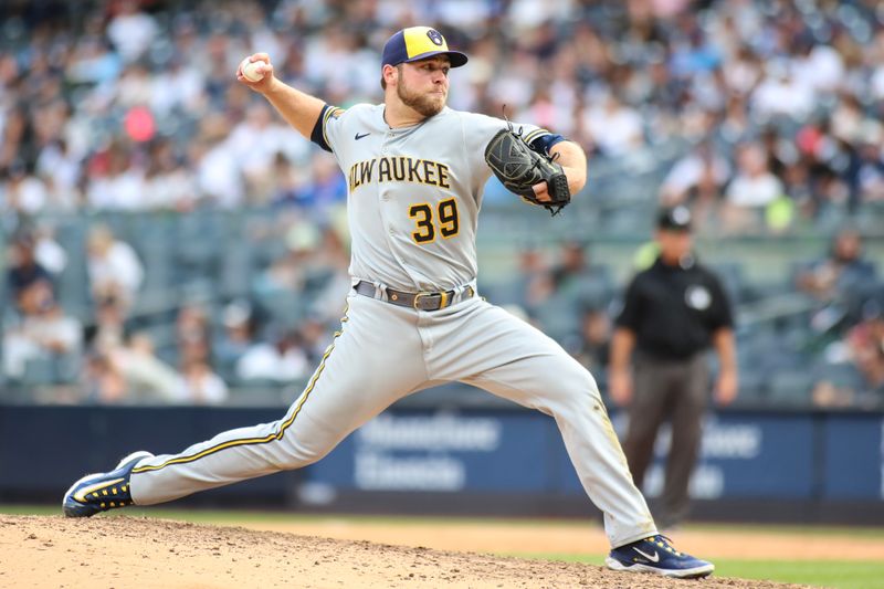 Sep 10, 2023; Bronx, New York, USA;  Milwaukee Brewers starting pitcher Corbin Burnes (39) pitches in the eighth inning against the New York Yankees at Yankee Stadium. Mandatory Credit: Wendell Cruz-USA TODAY Sports