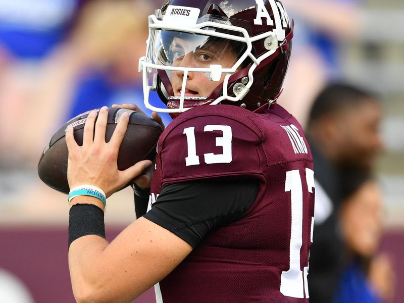 Sep 4, 2021; College Station, Texas, USA; Texas A&M Aggies quarterback Zach Calzada (10) warms up prior to the game against the Kent State Golden Flashes  at Kyle Field. Mandatory Credit: Maria Lysaker-USA TODAY Sports