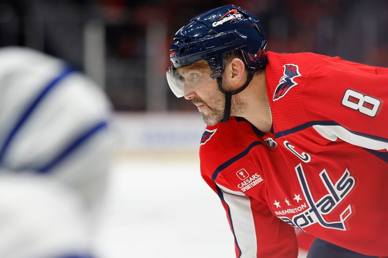 Oct 24, 2023; Washington, District of Columbia, USA; Washington Capitals left wing Alex Ovechkin (8) lines up for a face-off against the Toronto Maple Leafs in the third period at Capital One Arena. Mandatory Credit: Geoff Burke-USA TODAY Sports