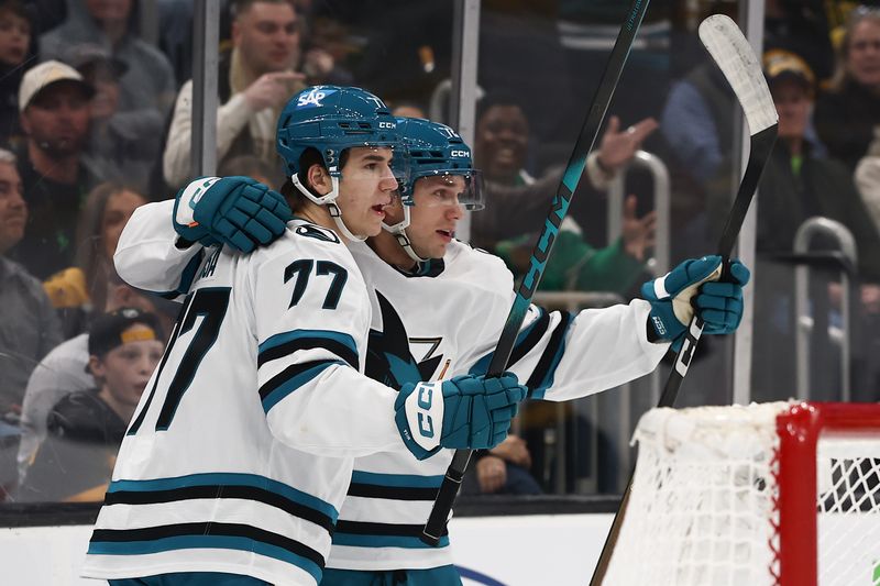 Mar 12, 2026; Boston, Massachusetts, USA; San Jose Sharks center Michael Misa (77) is congratulated by left wing William Eklund (72) after scoring against the Boston Bruins during the first period at TD Garden. Mandatory Credit: Winslow Townson-Imagn Images