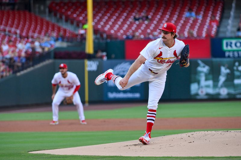 Jul 10, 2025; St. Louis, Missouri, USA;  St. Louis Cardinals starting pitcher Miles Mikolas (39) pitches against the Washington Nationals during the first inning at Busch Stadium. Mandatory Credit: Jeff Curry-Imagn Images