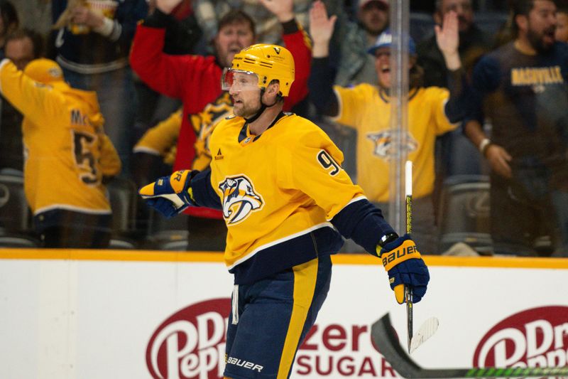 Nov 23, 2024; Nashville, Tennessee, USA;  Nashville Predators center Steven Stamkos (91) celebrates his goal against the Winnipeg Jets during the third period at Bridgestone Arena. Mandatory Credit: Steve Roberts-Imagn Images