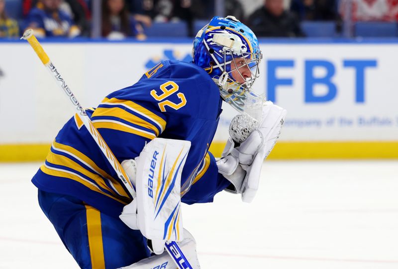 Oct 22, 2025; Buffalo, New York, USA;  Buffalo Sabres goaltender Colten Ellis (92) looks for the puck during the third period against the Detroit Red Wings at KeyBank Center. Mandatory Credit: Timothy T. Ludwig-Imagn Images