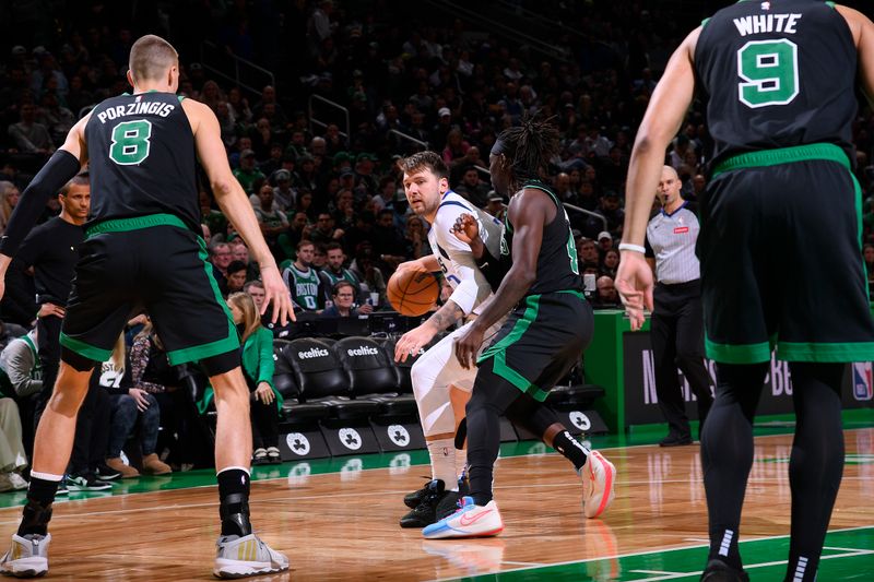 BOSTON, MA - MARCH 1: Luka Doncic #77 of the Dallas Mavericks dribbles the ball during the game against the Boston Celtics on March 1, 2024 at the TD Garden in Boston, Massachusetts. NOTE TO USER: User expressly acknowledges and agrees that, by downloading and or using this photograph, User is consenting to the terms and conditions of the Getty Images License Agreement. Mandatory Copyright Notice: Copyright 2024 NBAE  (Photo by Brian Babineau/NBAE via Getty Images)