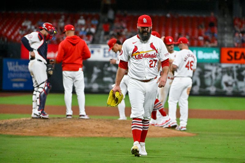 Aug 21, 2024; St. Louis, Missouri, USA;  St. Louis Cardinals relief pitcher Andrew Kittredge (27) walks off the field after he was removed from the game against the Milwaukee Brewers during the eighth inning at Busch Stadium. Mandatory Credit: Jeff Curry-USA TODAY Sports