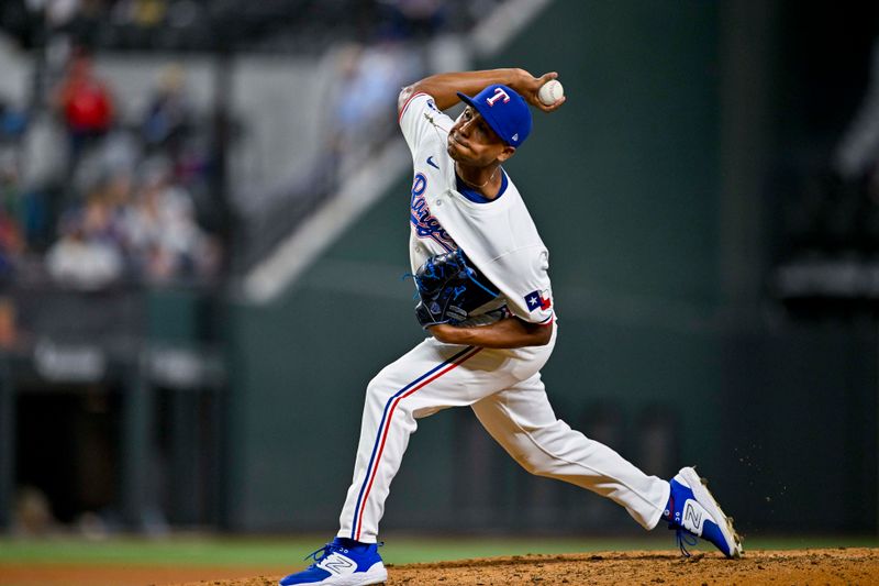 Sep 5, 2024; Arlington, Texas, USA; Texas Rangers relief pitcher Jose Leclerc (25) pitches against the Los Angeles Angels during the game at Globe Life Field. Mandatory Credit: Jerome Miron-Imagn Images