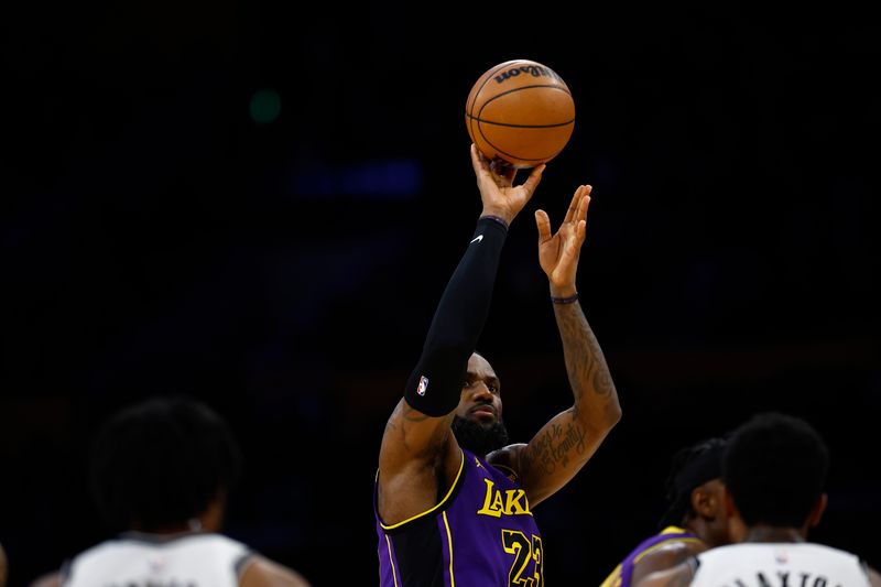 LOS ANGELES, CALIFORNIA - JANUARY 19:  LeBron James #23 of the Los Angeles Lakers in the first half at Crypto.com Arena on January 19, 2024 in Los Angeles, California.  NOTE TO USER: User expressly acknowledges and agrees that, by downloading and/or using this photograph, user is consenting to the terms and conditions of the Getty Images License Agreement.  (Photo by Ronald Martinez/Getty Images)