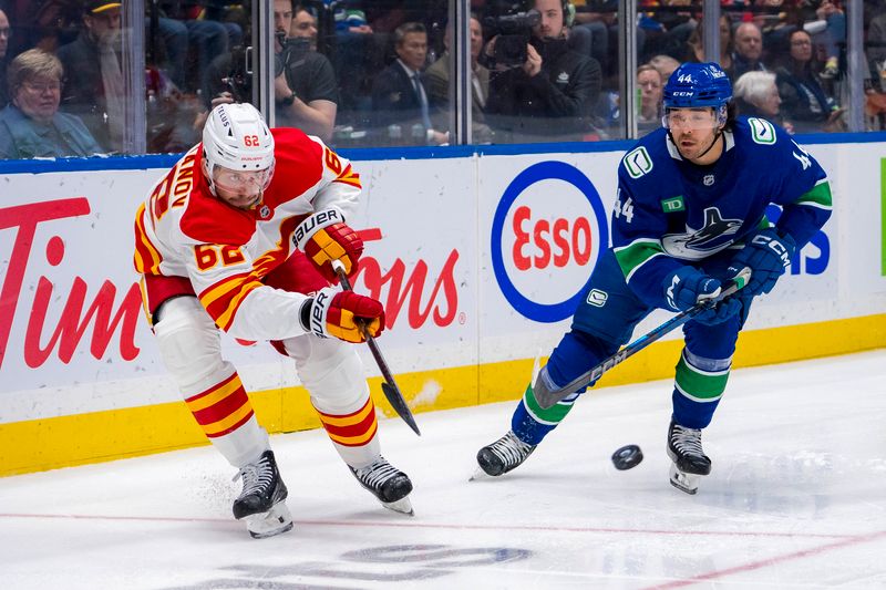 Oct 9, 2024; Vancouver, British Columbia, CAN; Vancouver Canucks forward Kiefer Sherwood (44) watches as Calgary Flames defenseman Daniil Miromanov (62) makes a pass during the second period at Rogers Arena. Mandatory Credit: Bob Frid-Imagn Images