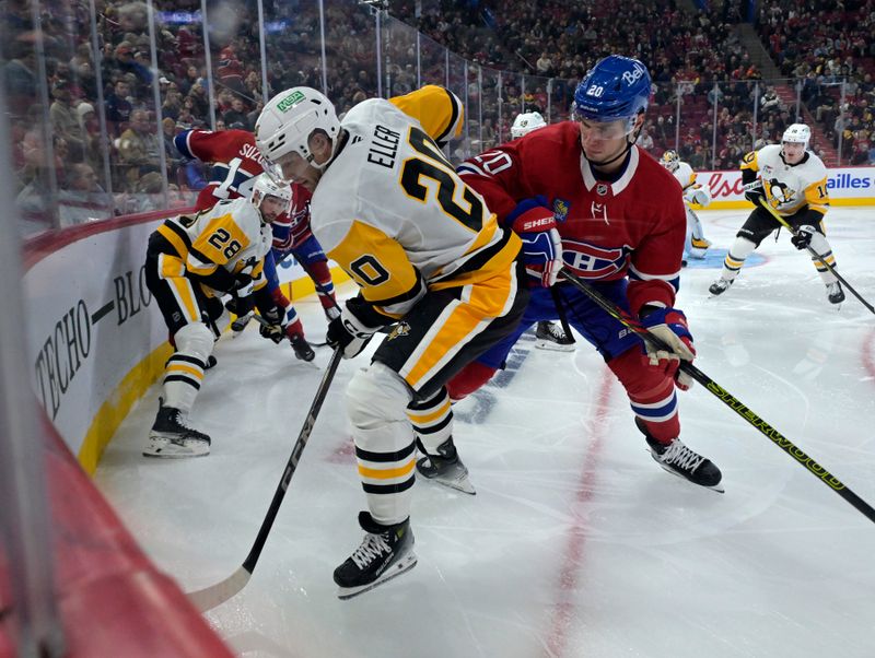 Oct 14, 2024; Montreal, Quebec, CAN; Pittsburgh Penguins forward Lars Eller (20) and Montreal Canadiens forward Juraj Slafkovsky (20) battle for the puck during the second period at the Bell Centre. Mandatory Credit: Eric Bolte-Imagn Images