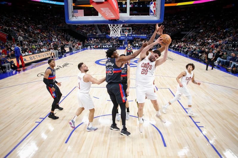 DETROIT, MI - MARCH 1: Georges Niang #20 of the Cleveland Cavaliers grabs a rebound during the game against the Detroit Pistons on March 1, 2024 at Little Caesars Arena in Detroit, Michigan. NOTE TO USER: User expressly acknowledges and agrees that, by downloading and/or using this photograph, User is consenting to the terms and conditions of the Getty Images License Agreement. Mandatory Copyright Notice: Copyright 2024 NBAE (Photo by Brian Sevald/NBAE via Getty Images)