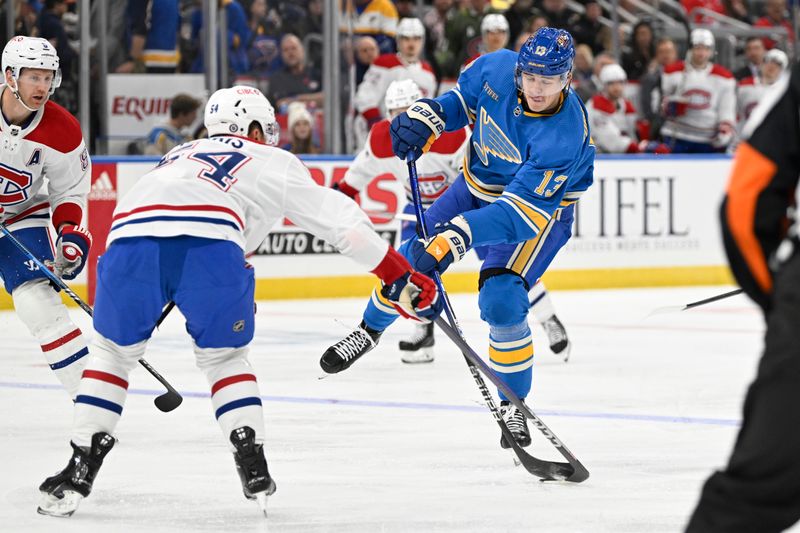 Nov 4, 2023; St. Louis, Missouri, USA; Montreal Canadiens defenseman Jordan Harris (54) blocks a shot from St. Louis Blues right wing Alexey Toropchenko (13) during the second period at Enterprise Center. Mandatory Credit: Jeff Le-USA TODAY Sports