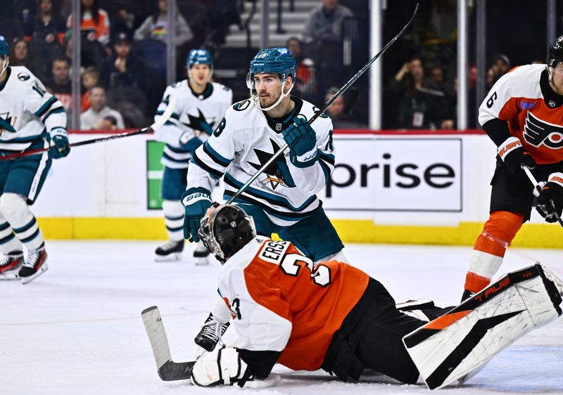 Mar 12, 2024; Philadelphia, Pennsylvania, USA; San Jose Sharks right wing Filip Zadina (18) reacts after scoring a goal against the Philadelphia Flyers in the second period at Wells Fargo Center. Mandatory Credit: Kyle Ross-USA TODAY Sports