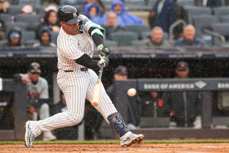 May 5, 2024; Bronx, New York, USA; New York Yankees second baseman Gleyber Torres (25) singles during the second inning against the Detroit Tigers at Yankee Stadium. Mandatory Credit: Vincent Carchietta-USA TODAY Sports