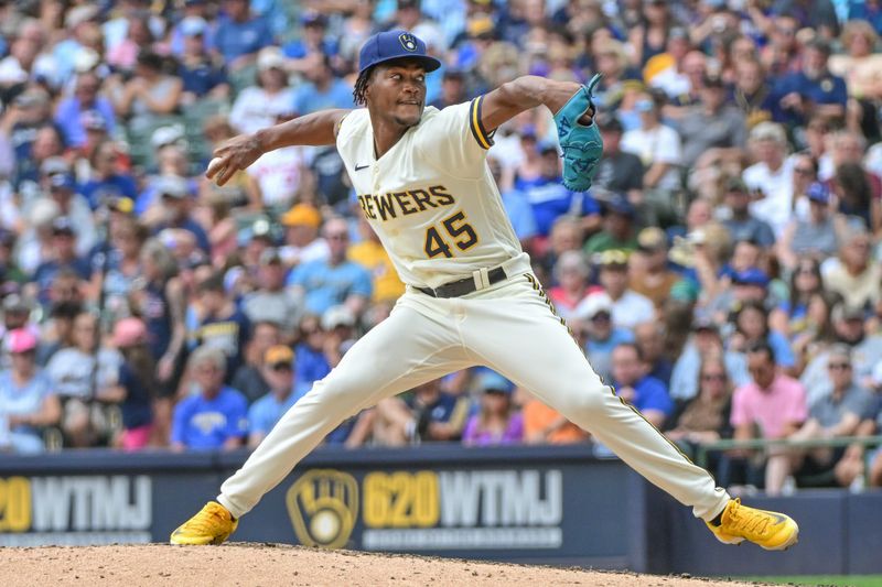 Aug 9, 2023; Milwaukee, Wisconsin, USA; Milwaukee Brewers pitcher Abner Uribe (45) throws against the Colorado Rockies in the seventh inning at American Family Field. Mandatory Credit: Benny Sieu-USA TODAY Sports